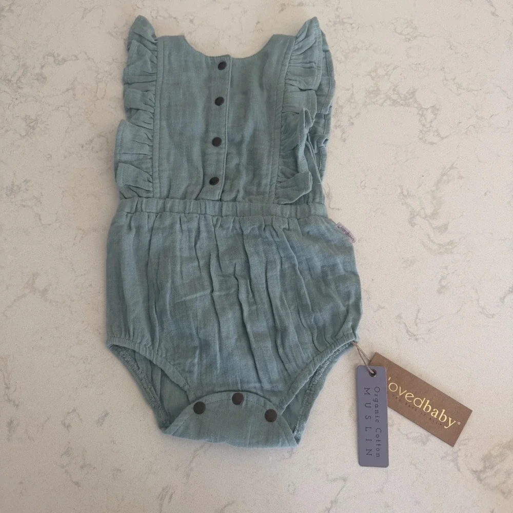 L'ovedbaby Muslin Ruffle Bodysuit Lagoon Organic Cotton 9-12M NWT